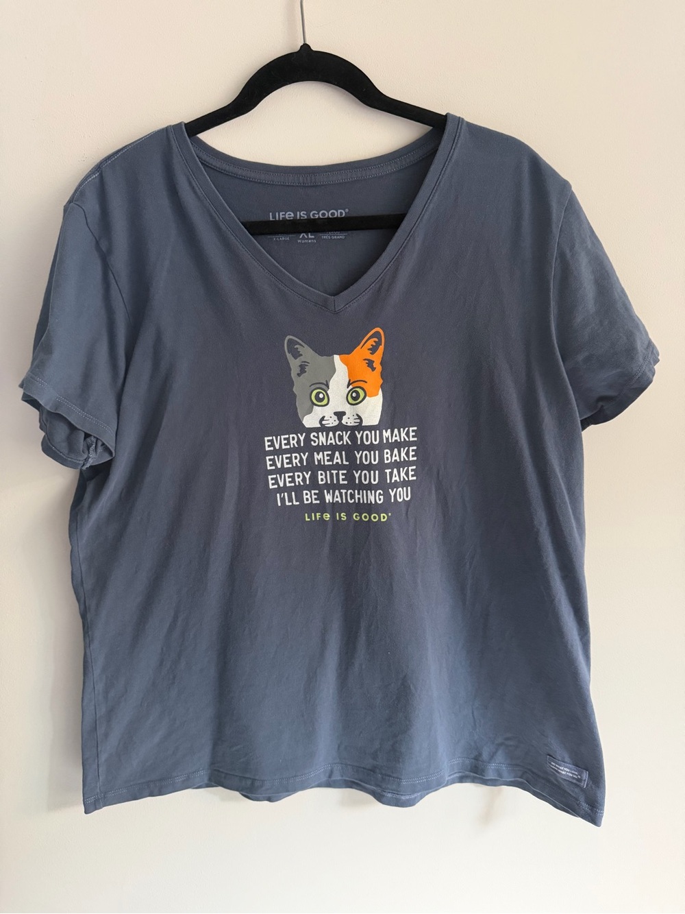 Life Is Good Blue-Gray Cat Graphic V‑Neck Tee
